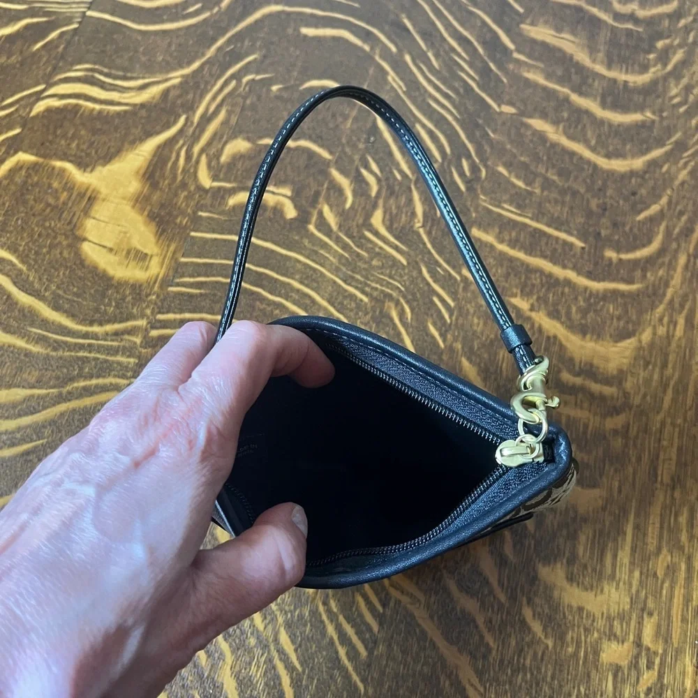 Coach Signature Brown Canvas and Black Leather  Wristlet